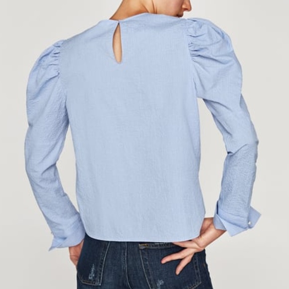 New Zara Blue Puff Sleeve Blouse Top Shirt S - Picture 3 of 4
